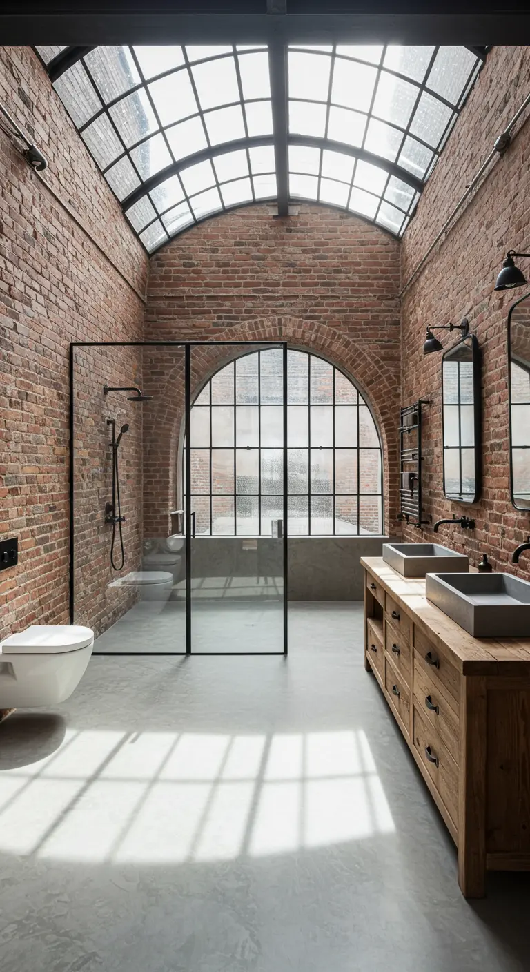 Industriële badkamer met bakstenen muur, glazen dak en stalen douchewand.