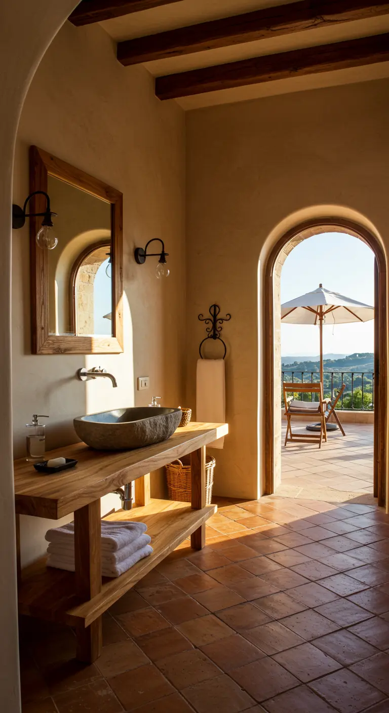 Mediterrane badkamer met terracotta vloer, houten meubel en een open deur naar een terras.