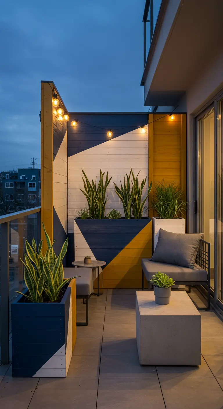 Houten plantenbakken met modern, geometrisch patroon in blauw, geel en wit op een balkon.