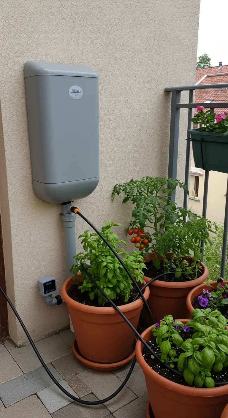 Compacte grijze regenton op een balkon, aangesloten op een irrigatiesysteem voor potplanten.