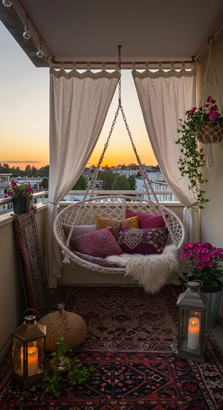 Balkon met hangstoel, Perzische tapijten en witte gordijnen die de zonsondergang omlijsten.