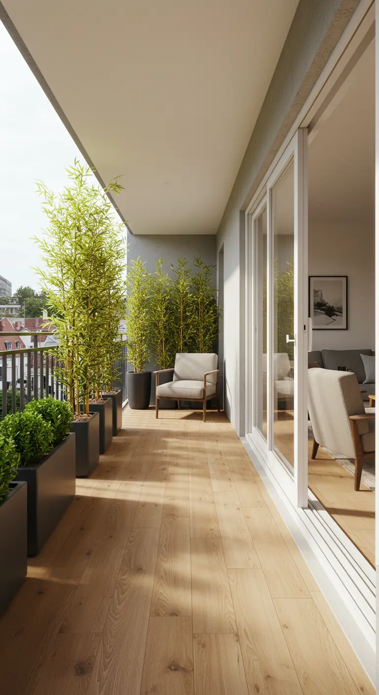 Lang, modern balkon met een houten vloer en een rij bamboeplanten in zwarte bakken voor privacy.