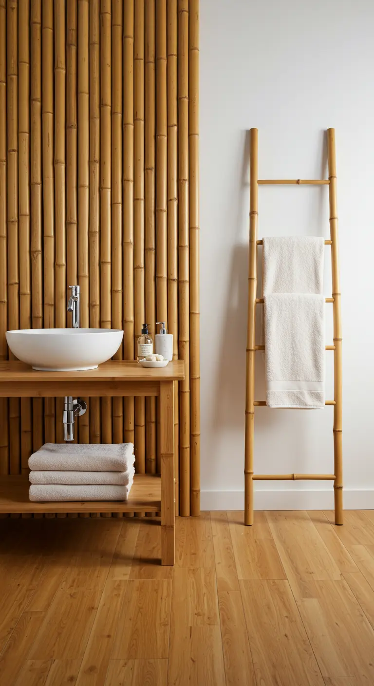 Badkamer met een accentwand van verticale bamboestokken, een bamboe meubel en een handdoekladder.