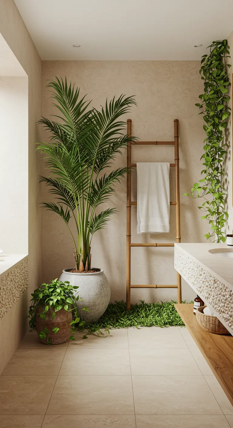 Lichte badkamer met grote planten en een bamboe ladder als handdoekenrek.