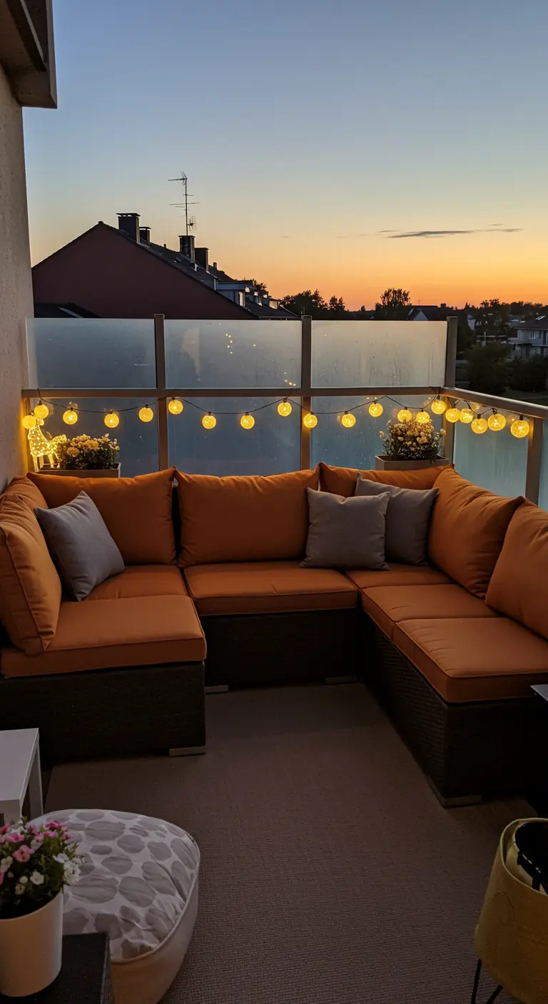 Groot balkon met een moderne, oranje loungebank en een lichtsnoer langs de glazen balustrade.