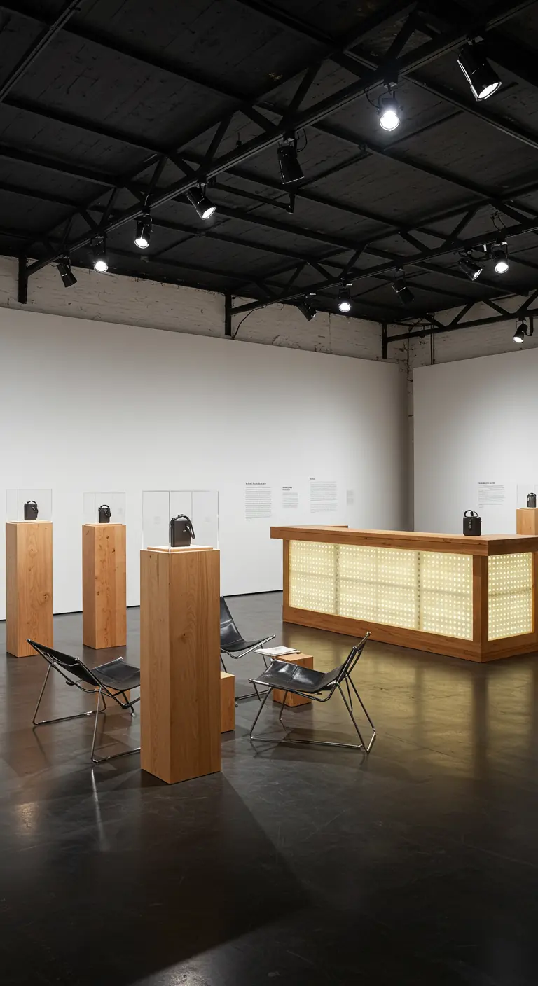 Moderne evenementenruimte met een verlichte bar, houten sokkels en zwarte designstoelen.