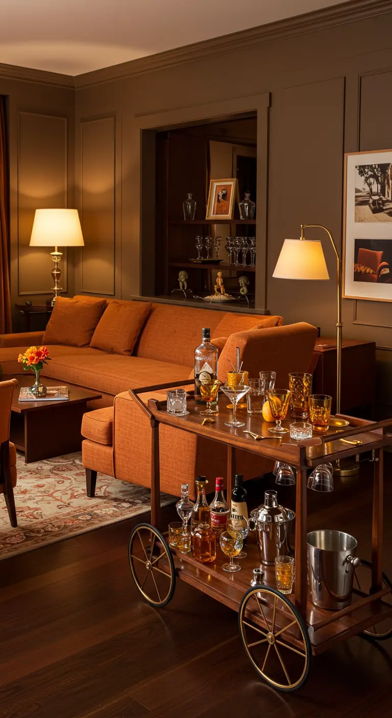 Woonkamer met walnoot bar cart, oranje bank en klassieke tafellampen.