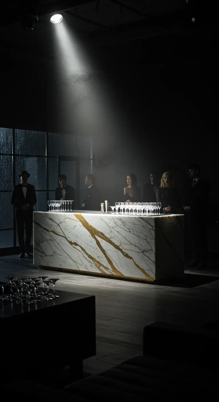 Wit marmeren bar met gouden aders, uitgelicht door een enkele spot in het donker.