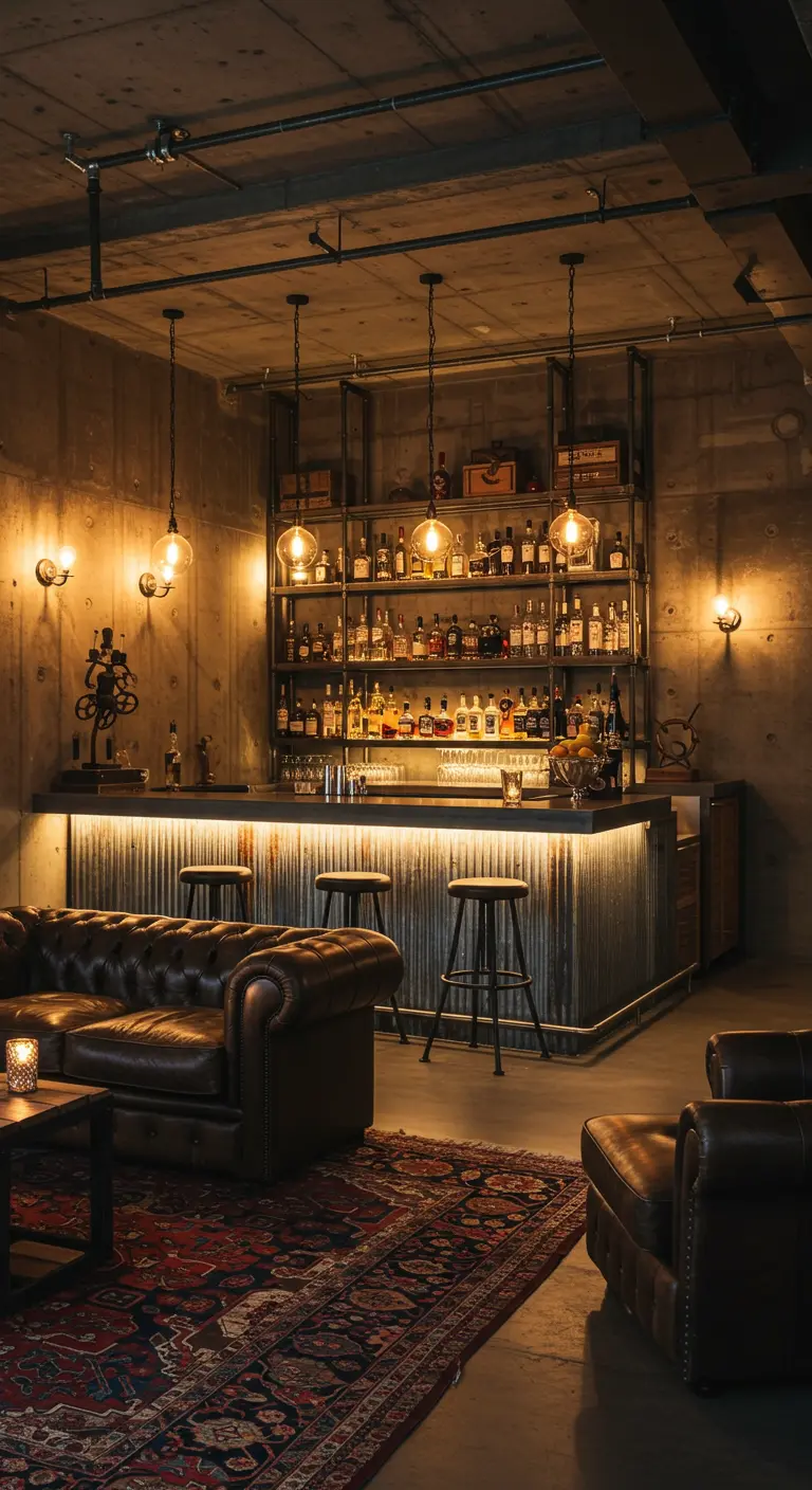 Sfeervolle thuisbar in een kelder met een bar van golfplaat en een leren chesterfieldbank.