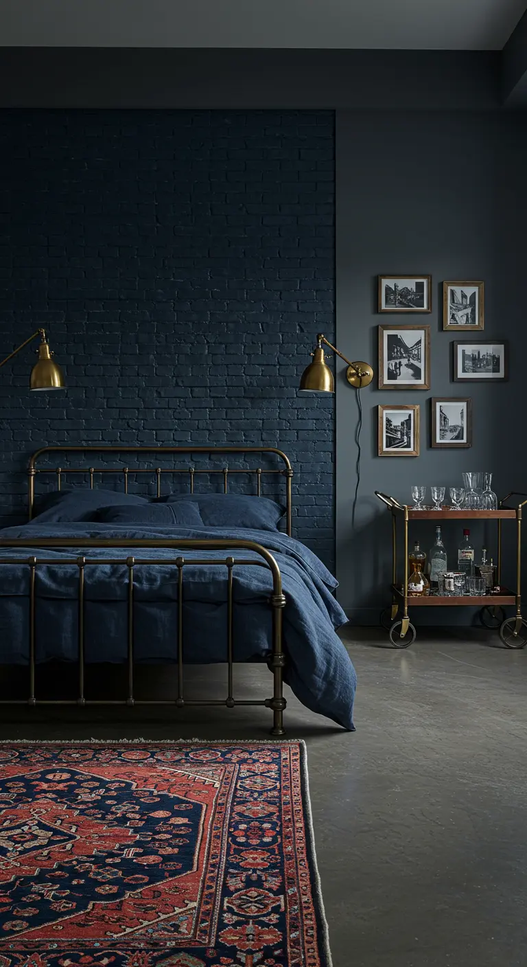 Industriële slaapkamer met een blauwe bakstenen muur, metalen bed en een messing barcart als nachtkastje.
