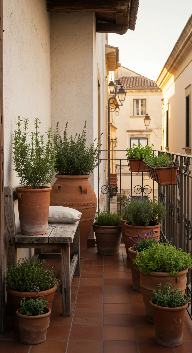 Balkon met terracotta potten vol rozemarijn en een rustiek houten bankje.