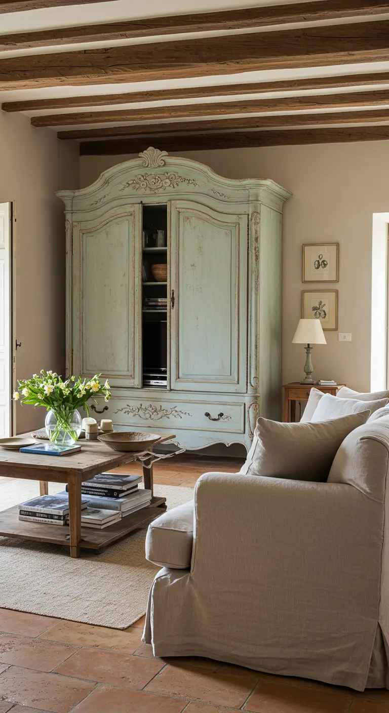 Landelijke woonkamer met een grote, lichtgroene antieke armoire met sierlijke details.