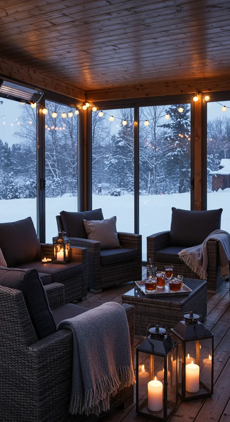 Gezellige veranda met loungestoelen, plaids en lantaarns, met uitzicht op sneeuw.