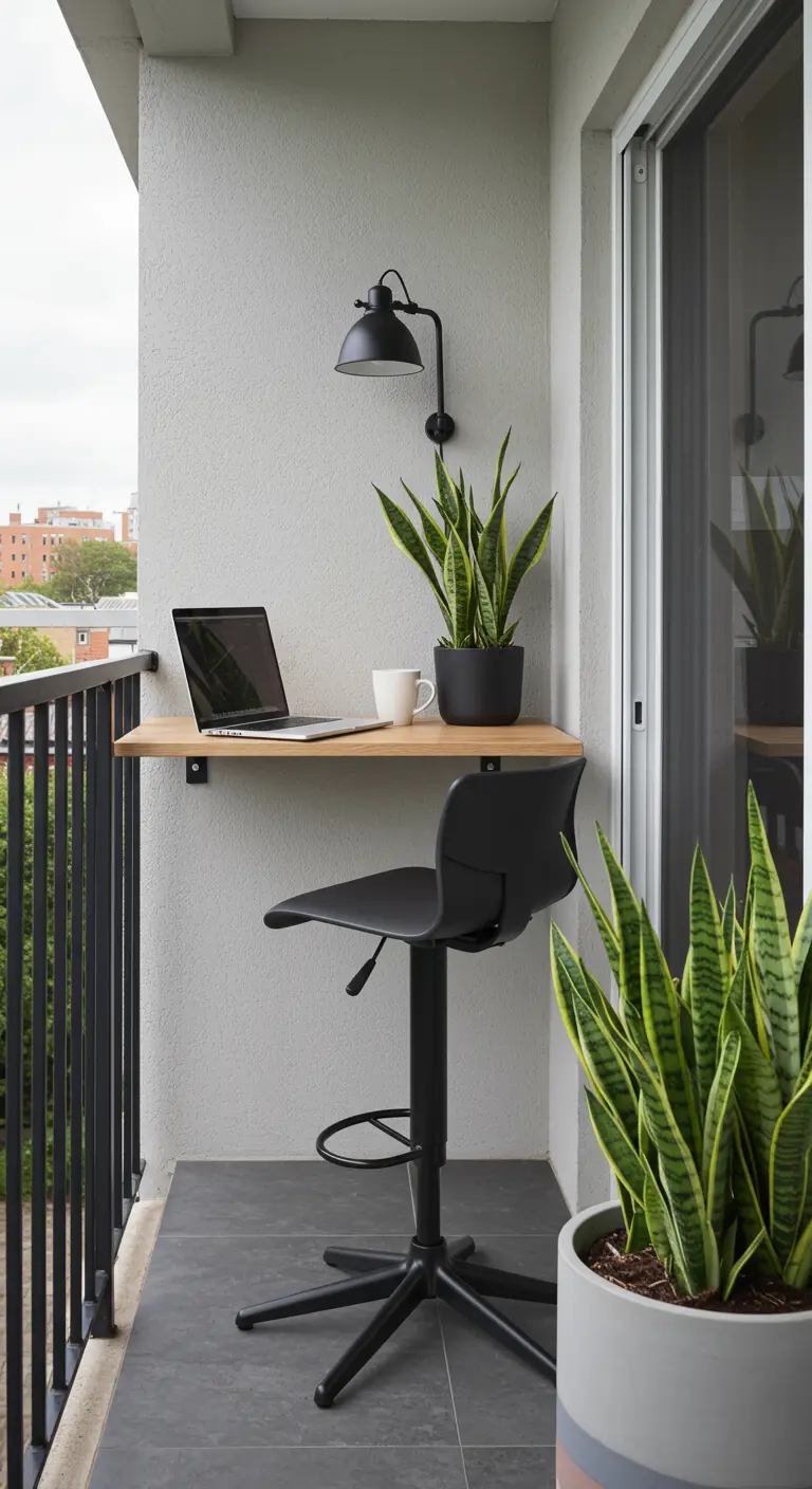 Compact balkon met een aan de muur gemonteerd bureau, een zwarte barkruk en een laptop.