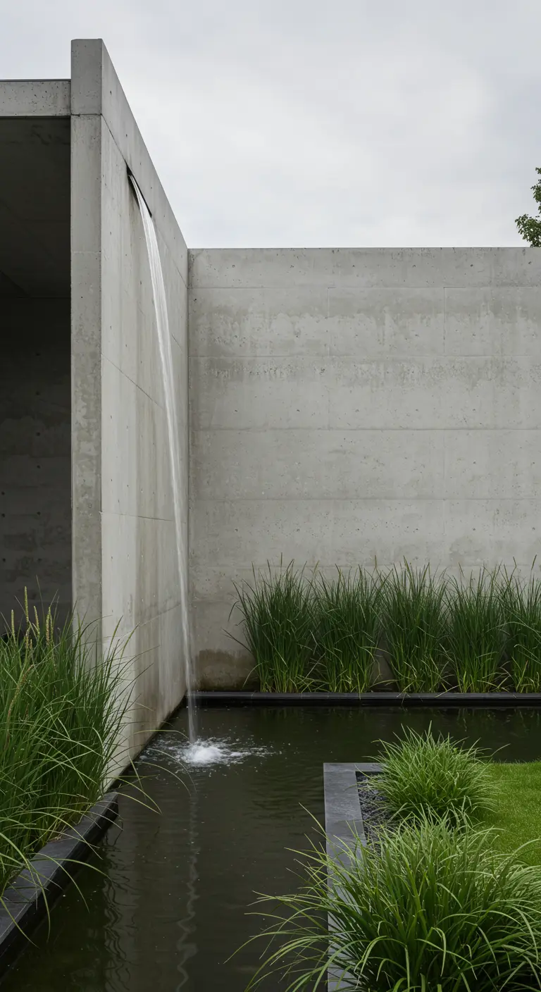 Waterval die uit een hoge betonnen muur in een strakke vijver stroomt.