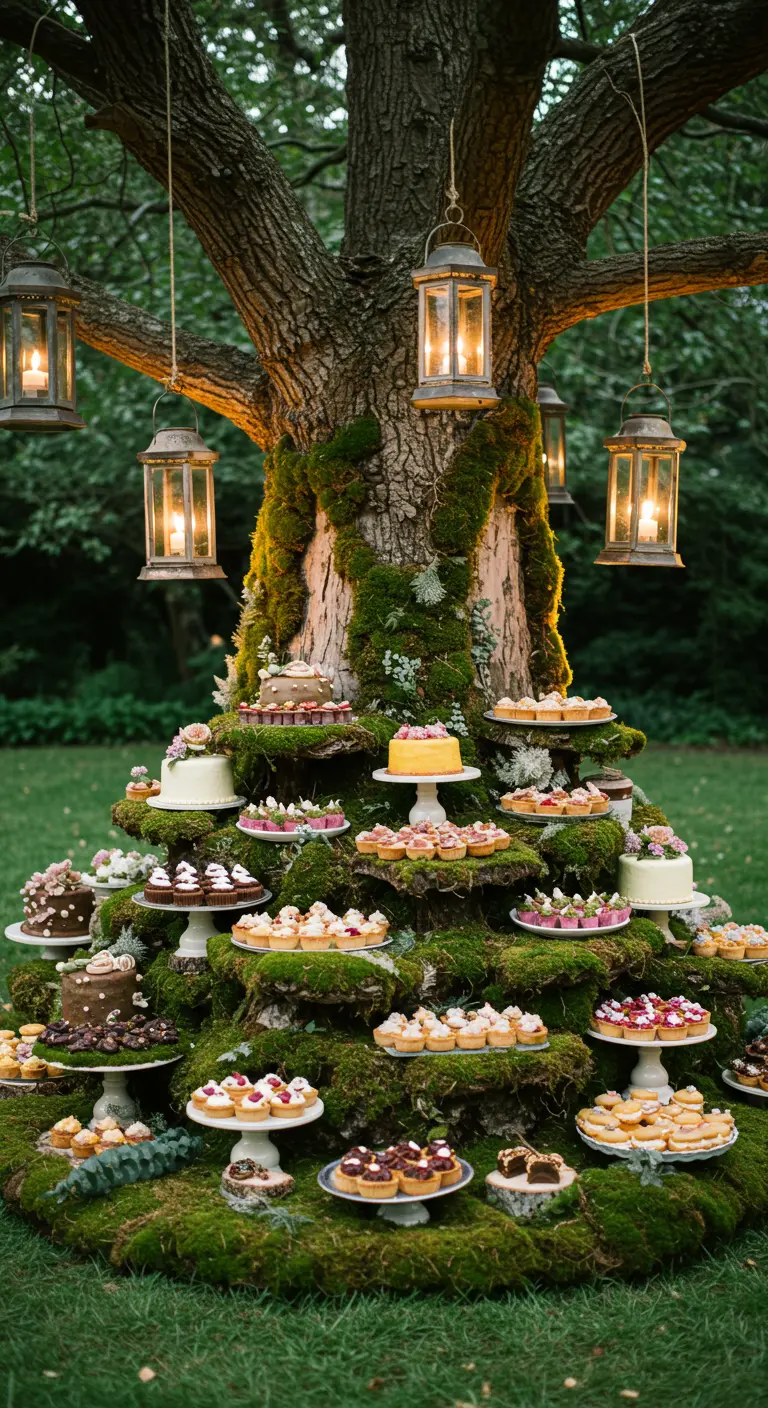 Uitbundige desserttafel gebouwd rondom een mosbegroeide boom, met lantaarns in de takken.