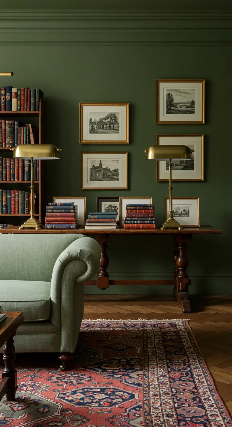 Groene woonkamer in bibliotheekstijl met een grote houten tafel achter de bank.