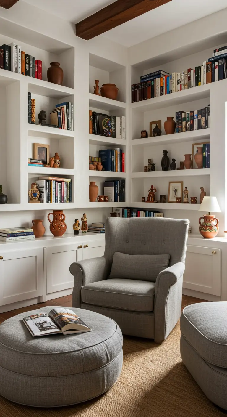 Gezellige leeshoek met een grote, witte ingebouwde boekenkast, gestyled met boeken en aardewerk.