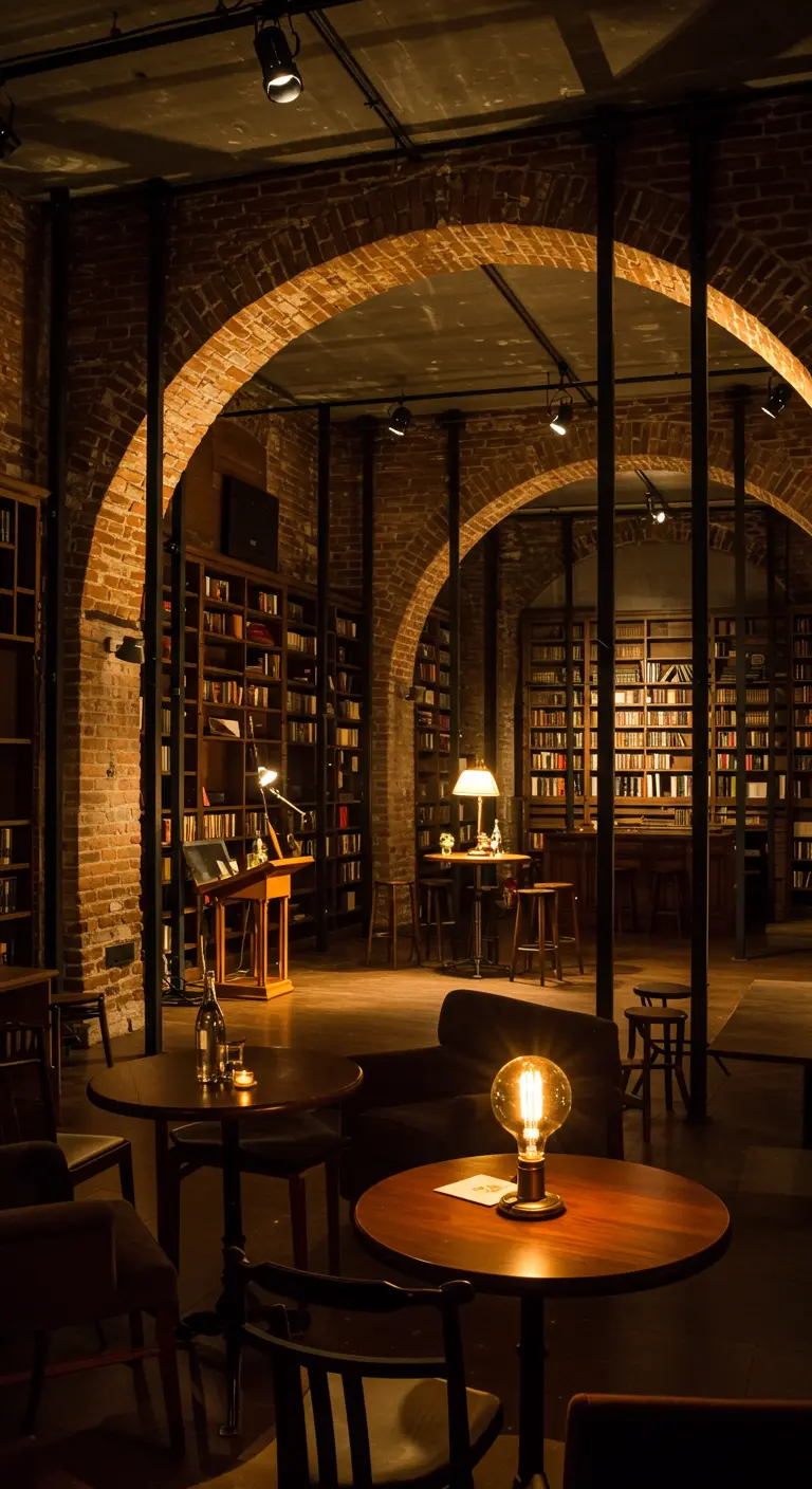 Sfeervolle ruimte met bakstenen bogen en hoge boekenkasten, ingericht met kleine zitjes.