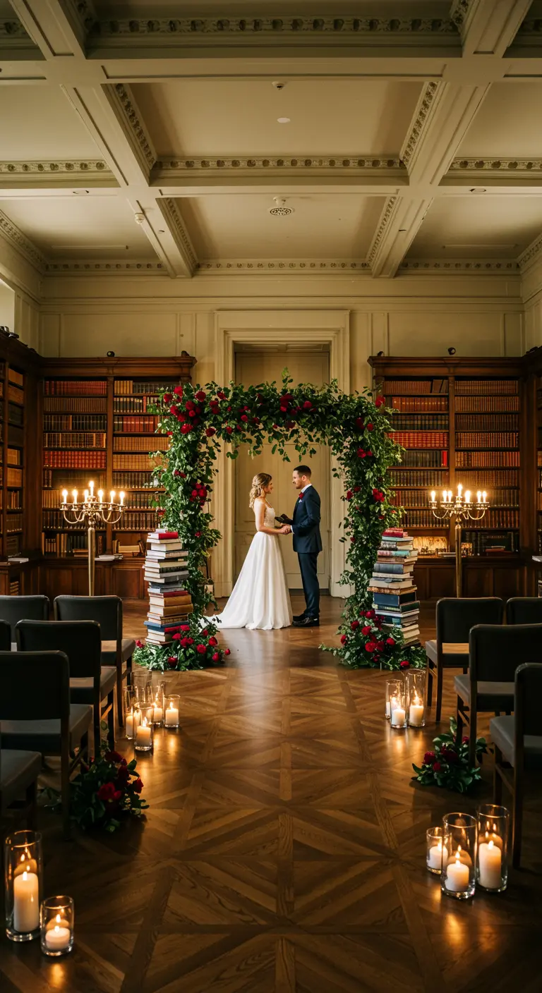 Bruidspaar onder een bloemenboog in een klassieke bibliotheek, met stapels boeken als decoratie.