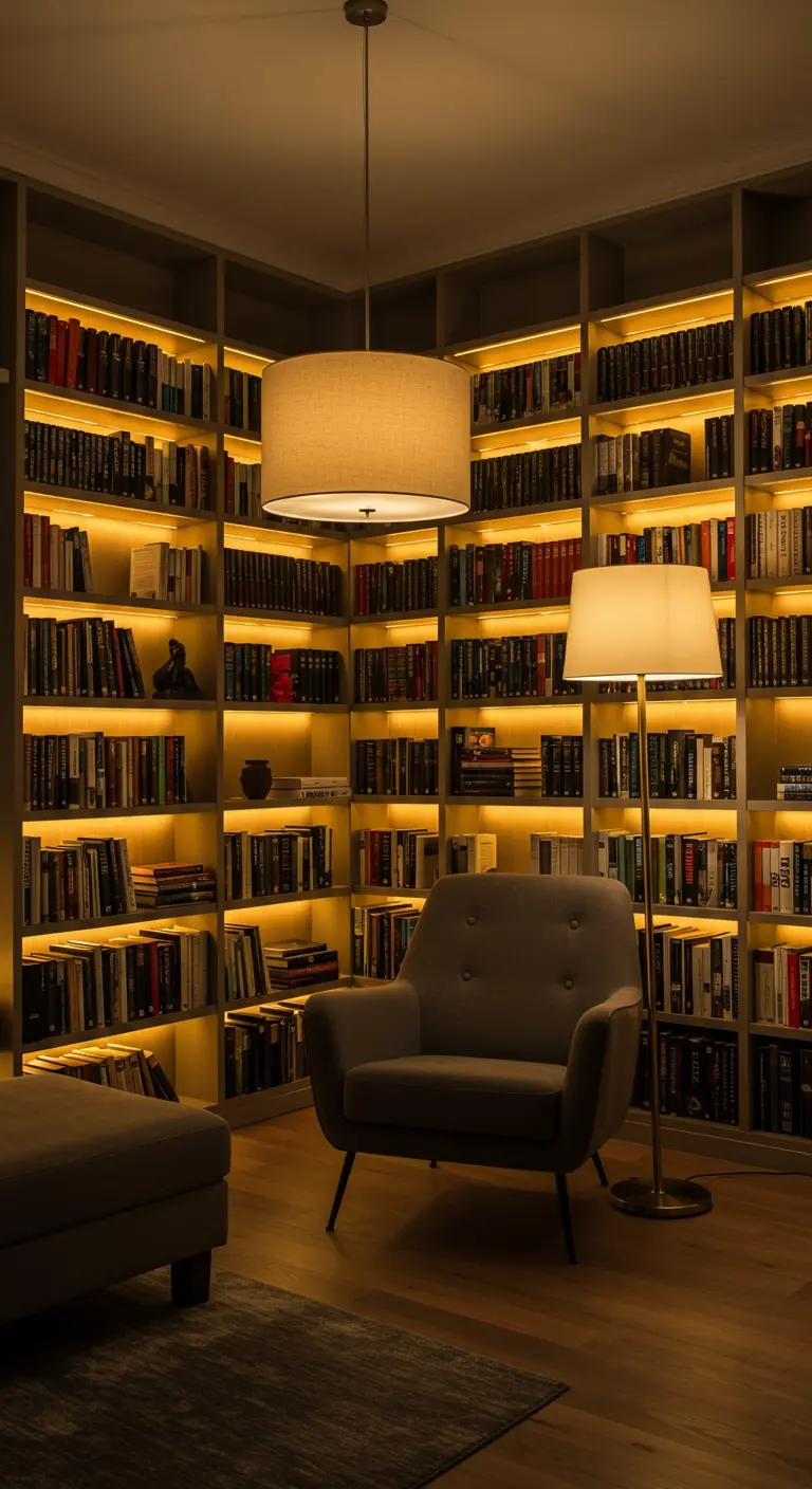 Woonkamer met een grote boekenkast voorzien van geïntegreerde LED-verlichting.