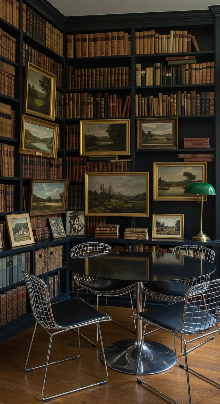 Eethoek in een donkere bibliotheek met moderne stoelen en kleine landschapsschilderijen.