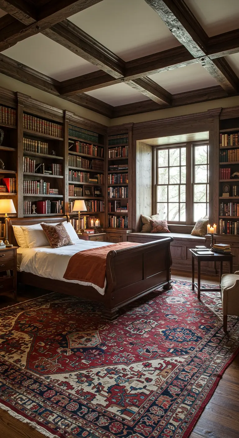 Sfeervolle slaapkamer met donkerhouten boekenkasten rondom het bed en een groot rood tapijt.