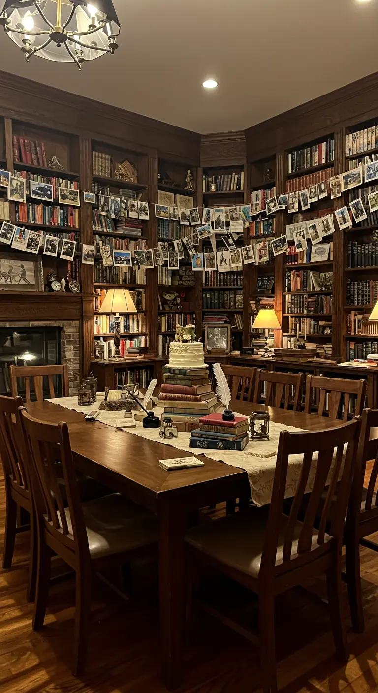 Eettafel in een bibliotheek, versierd met slingers van foto's die tussen de boekenkasten hangen.