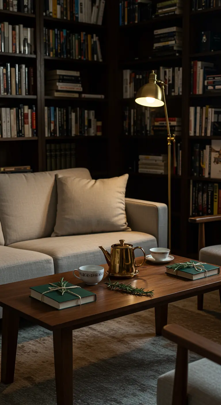Gezellige lounge in een bibliotheek met een salontafel, thee en boeken als decoratie.