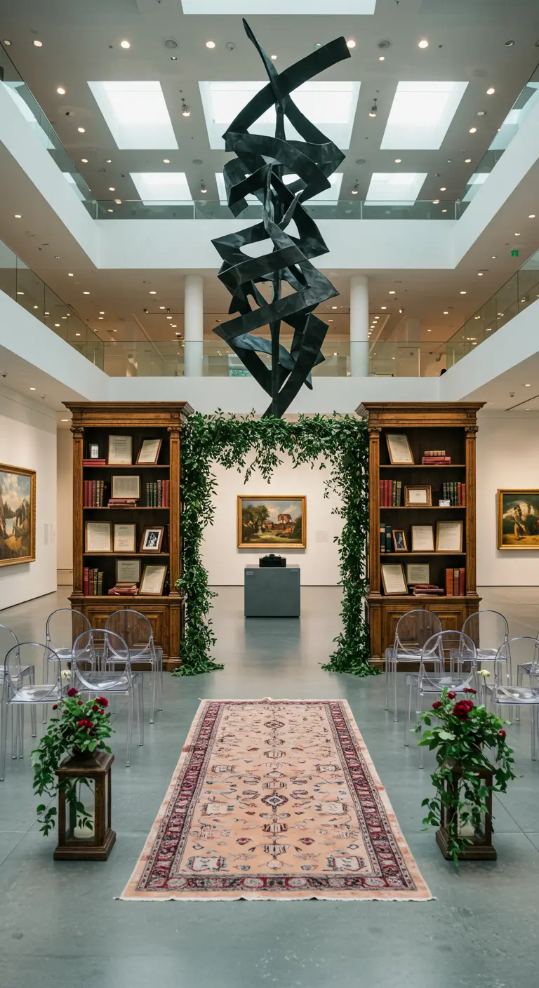 Ceremonie-opstelling in een museum, gevormd door twee vintage boekenkasten met een groene guirlande.