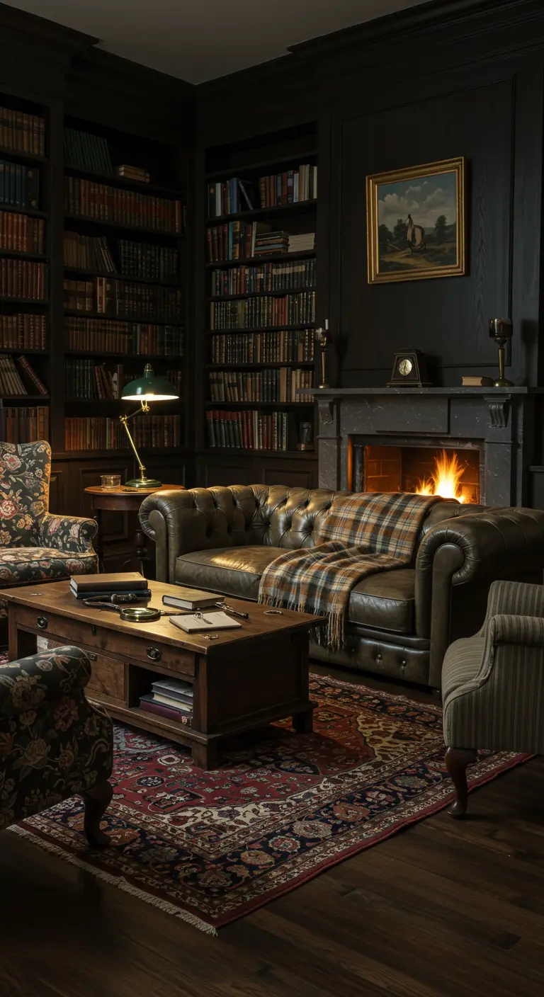 Donkere, sfeervolle bibliotheekkamer met leren bank, open haard en fauteuils met patroon.