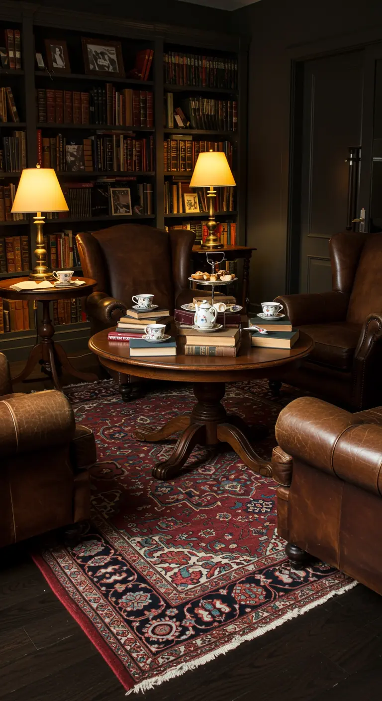 Klassieke bibliotheek met leren stoelen, een ronde tafel en een Perzisch tapijt.