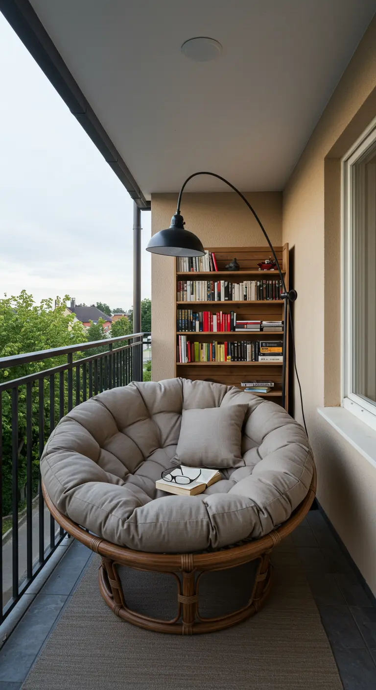 Overdekt balkon met een grote, comfortabele papasan-stoel, een boekenkast en een booglamp.