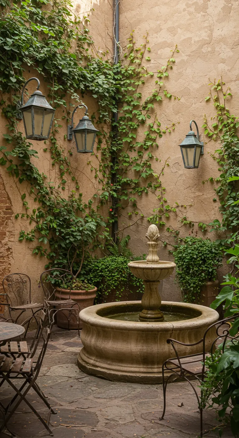 Binnenplaats met een stenen fontein, begroeide muren en smeedijzeren meubels.