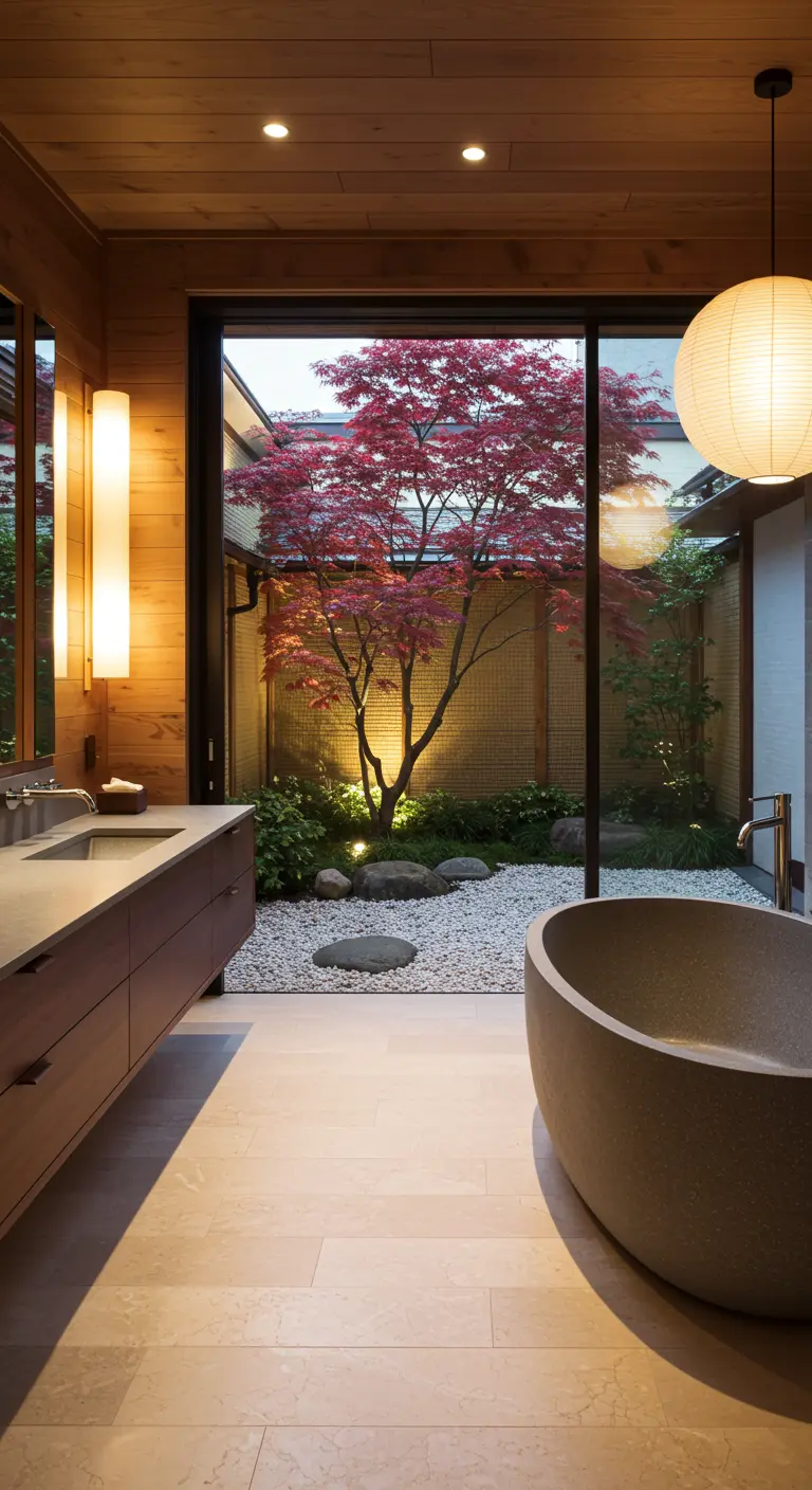 Badkamer met betonnen bad en uitzicht op een Japanse tuin met rode esdoorn.