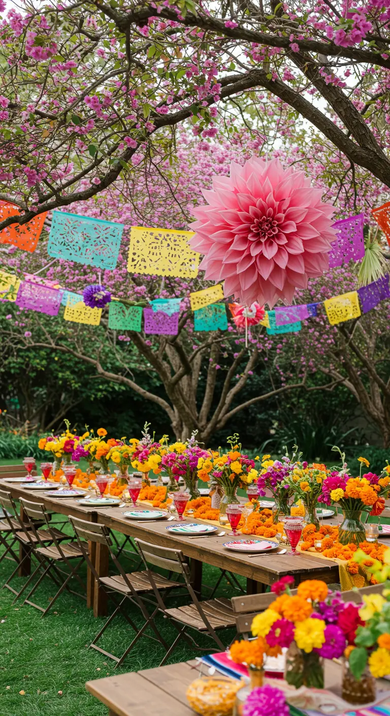 Tuintafel onder bloesembomen met een enorme roze papieren bloem erboven.