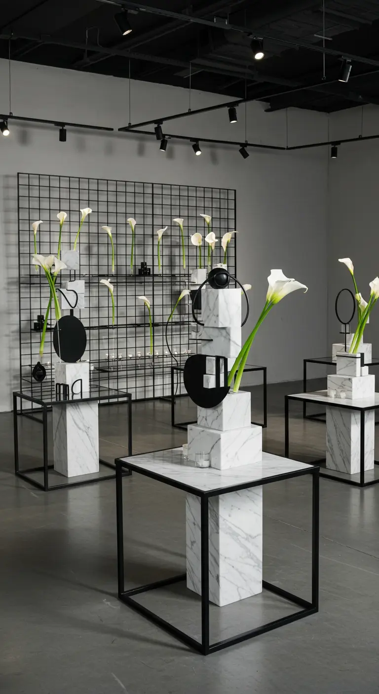 Moderne, galerie-achtige opstelling met witte calla lelies op marmeren blokken en zwarte frames.