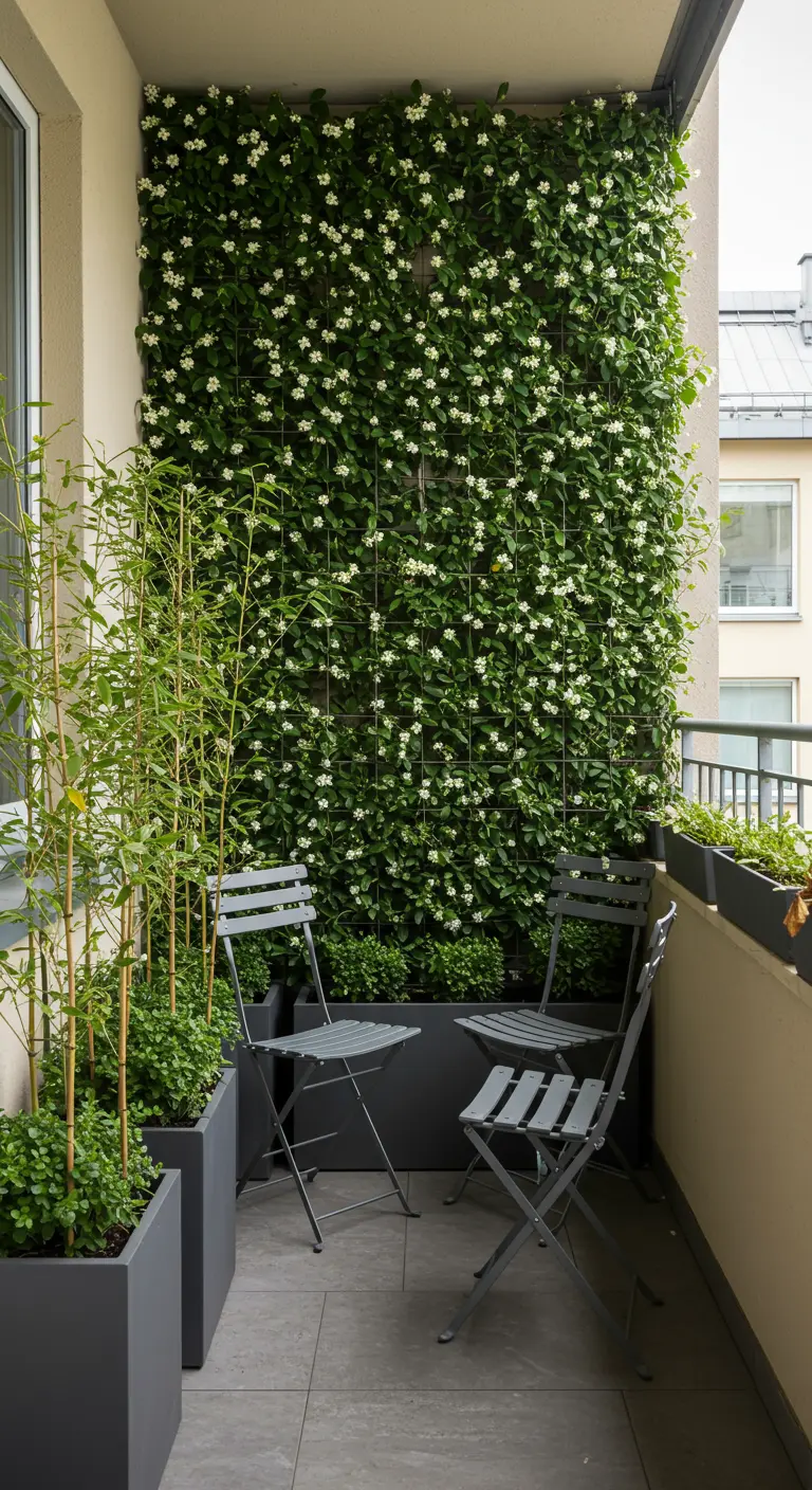 Balkon met een muur volledig begroeid met bloeiende Sterjasmijn en twee klapstoeltjes.