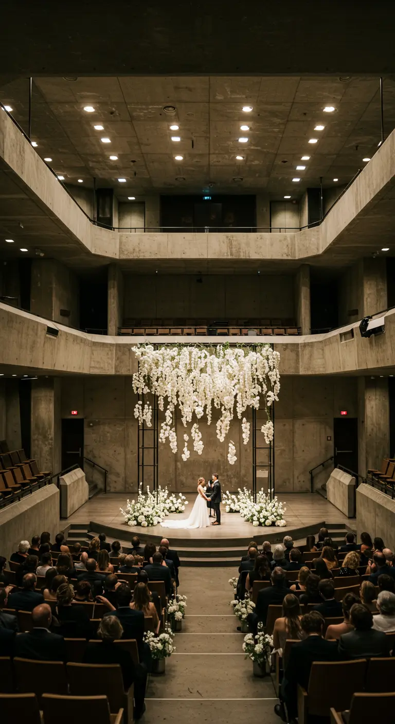 Ceremonie in een modern betonnen theater, met een gigantische hangende installatie van witte bloemen boven het podium.