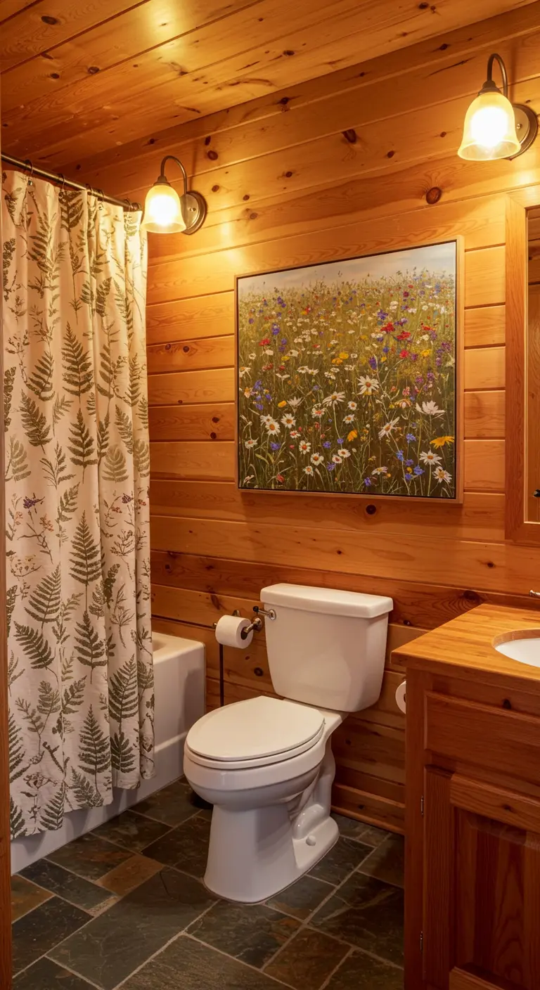 Houten badkamer met een douchegordijn met varenprint en een schilderij van een veld met wilde bloemen.
