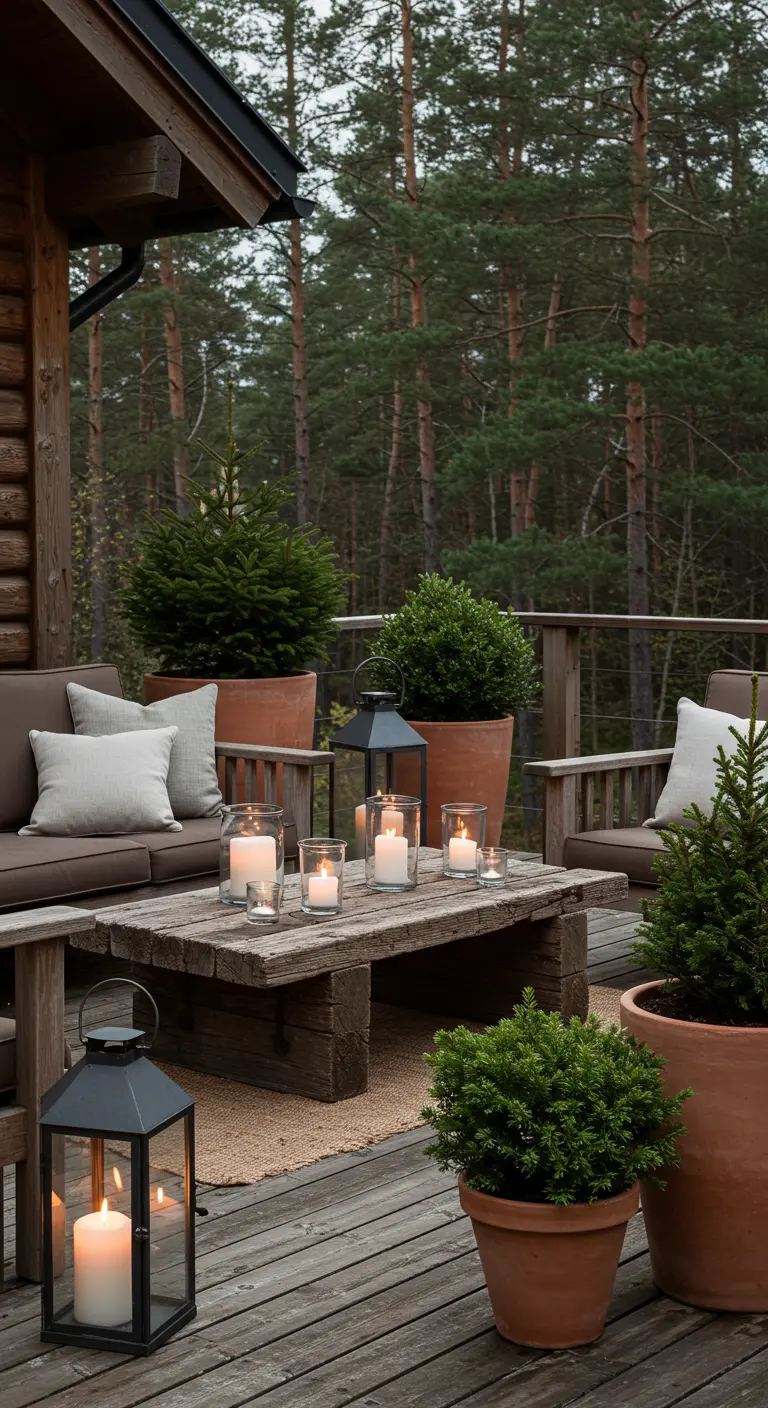 Houten veranda bij een blokhut met een lage tafel, lantaarns en veel dennenbomen in potten.