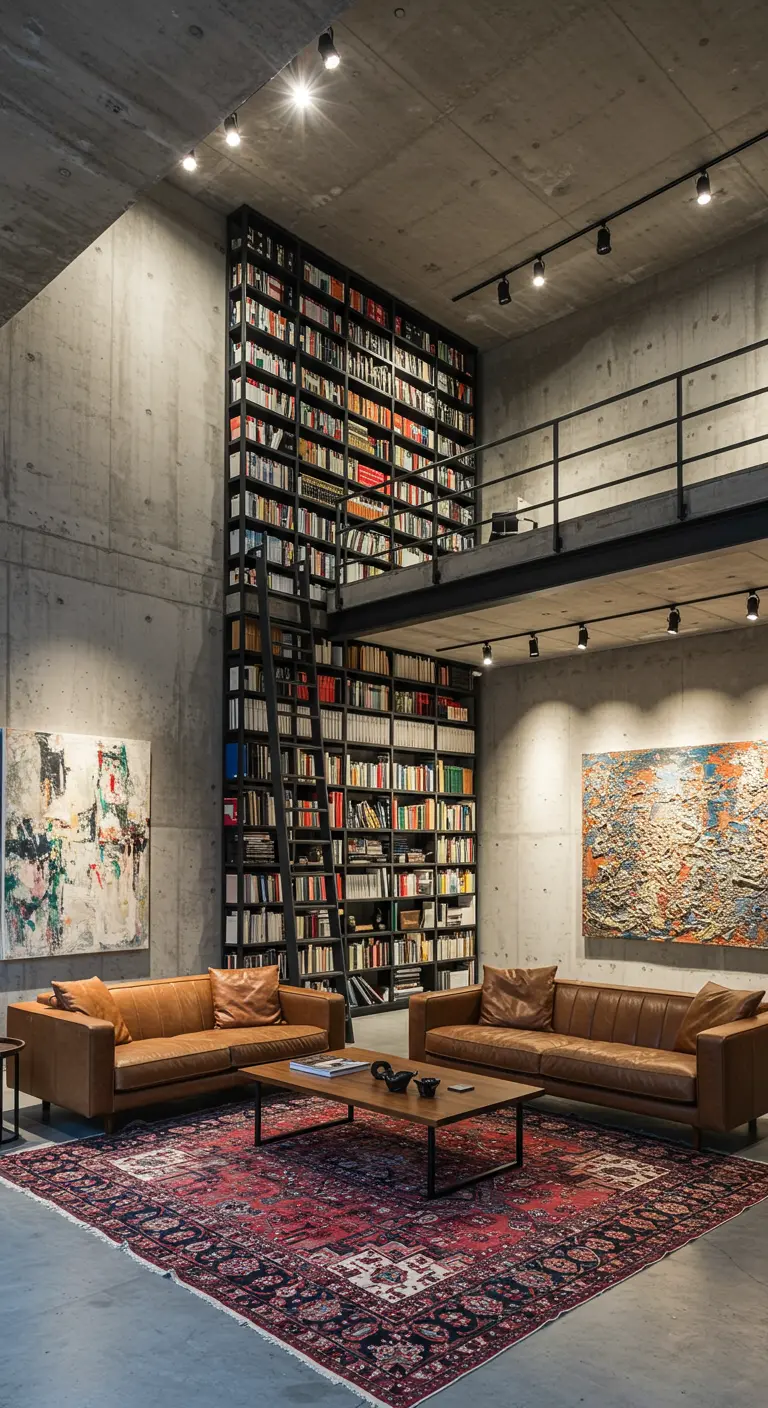 Hoge loft met betonnen muren en een enorme, plafondhoge boekenkast met een ladder.