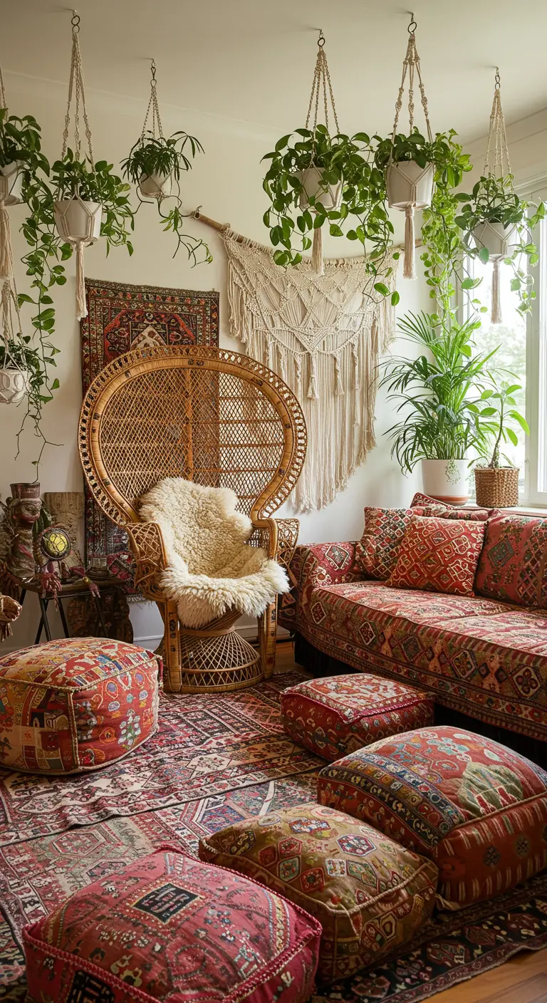 Woonkamer in bohemian stijl met een grote rotan pauwenstoel en veel hangplanten.