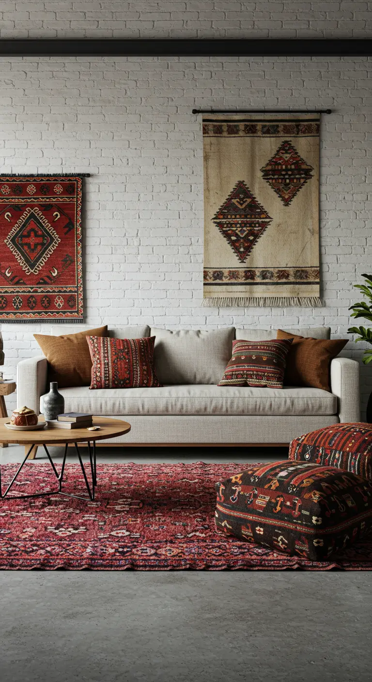 Woonkamer in bohemian-industriële stijl met wandkleden en een Perzisch tapijt.