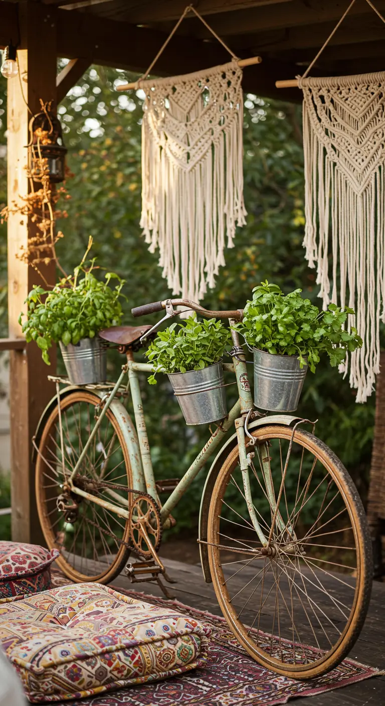 Roestige vintage fiets met zinken emmers vol verse kruiden, geplaatst op een veranda met boho kussens.