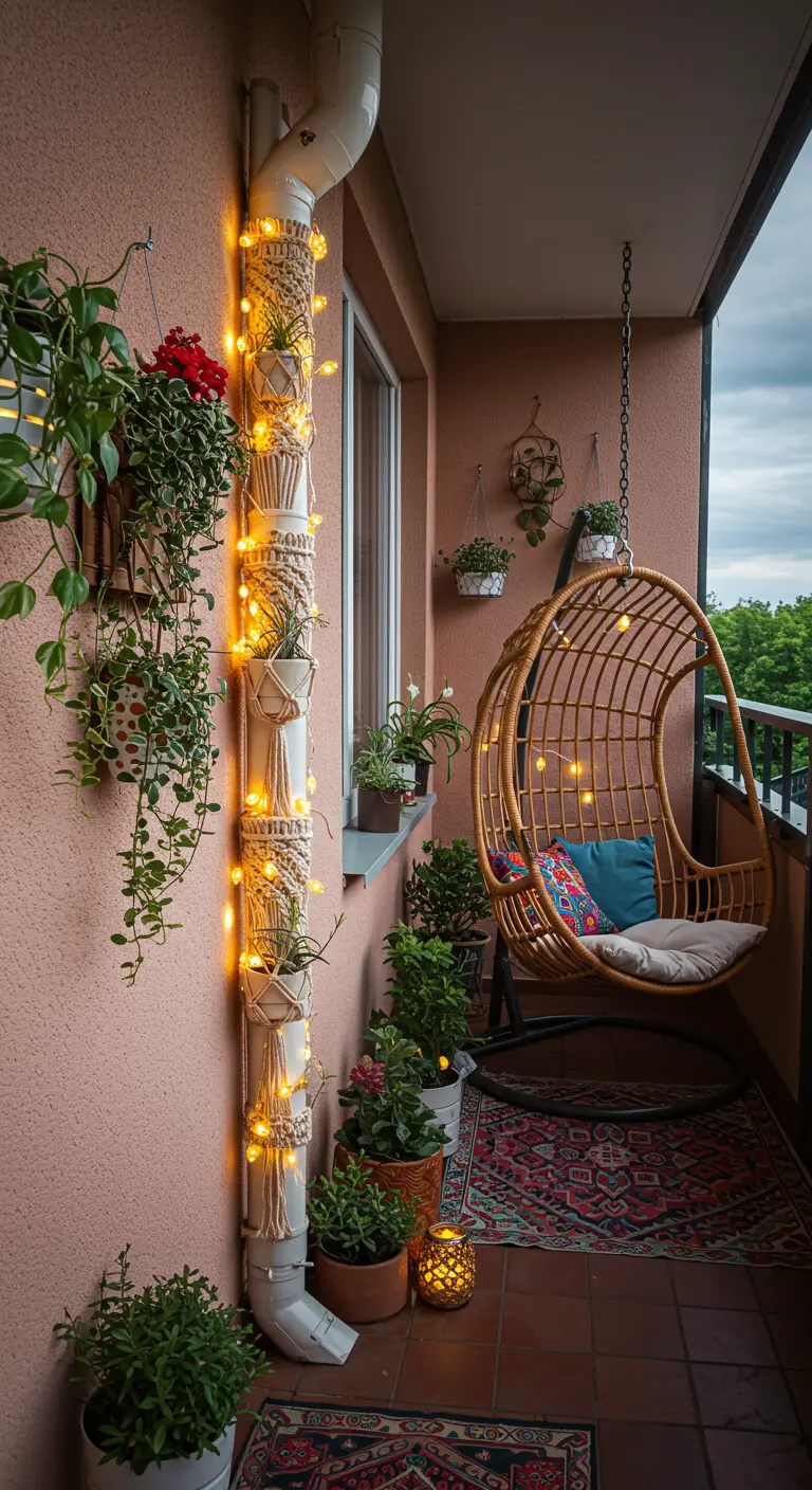 Witte regenpijp op een boho balkon, versierd met macramé hangers en warme lichtslingers.