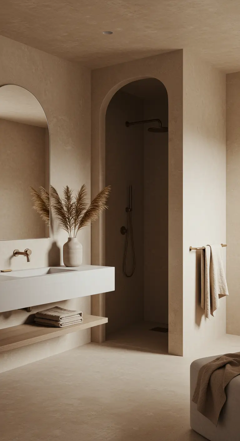 Zandkleurige betonciré badkamer met een boogvormige ingang naar de inloopdouche.