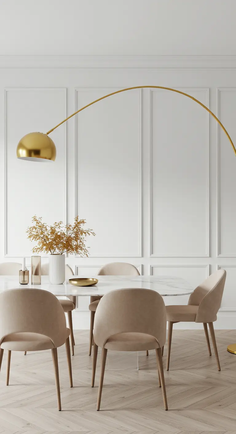 Minimalistische eetkamer met beige fluwelen stoelen en een grote, gouden booglamp die over de tafel hangt.