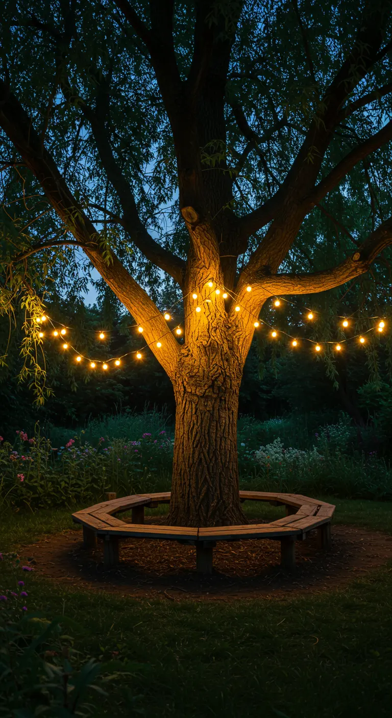 Grote boom 's nachts verlicht met een lichtsnoer en een ronde bank.