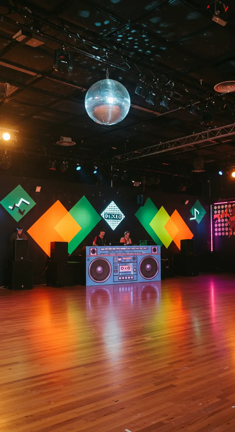 Dansvloer met een grote discobal en een DJ-booth in de vorm van een retro boombox.